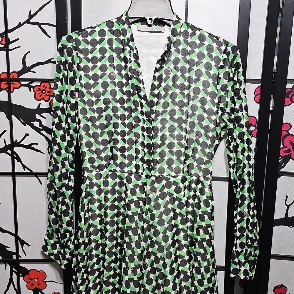 Marella Green Polka Dot Long Sleeve Lined Dress Size 2 - Picture 3 of 12